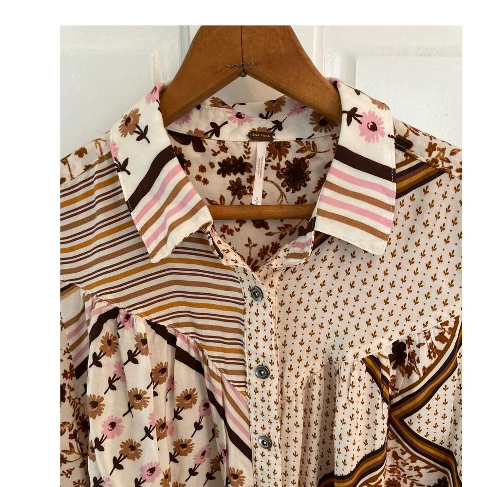 Free People Hazel Button Down in Tea Floral Western Pink Brown Cream